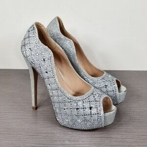 Lauren Lorraine Candy Crystal Peep Toe Pump, Silver, Womens Size 7 M
